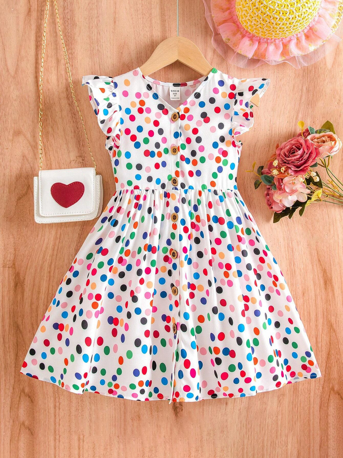 Young Girl's Woven Polka Dot V-Neck Ruffled Loose Casual Vacation Dress