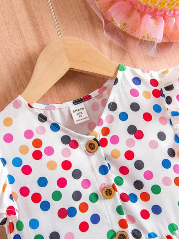 Young Girl's Woven Polka Dot V-Neck Ruffled Loose Casual Vacation Dress