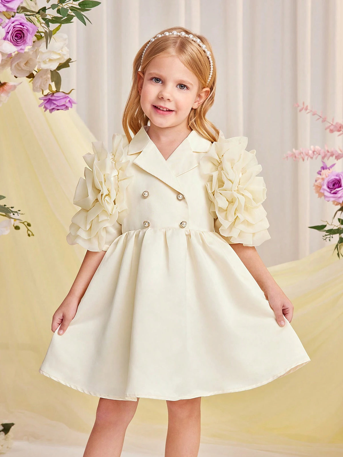 Young Girl's Woven Solid Color Double-Breasted A-Line Dress With Turn-Down Collar For Summer