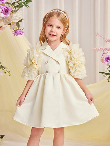 Young Girl's Woven Solid Color Double-Breasted A-Line Dress With Turn-Down Collar For Summer