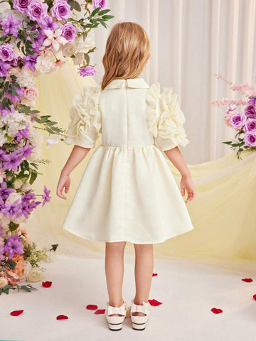 Young Girl's Woven Solid Color Double-Breasted A-Line Dress With Turn-Down Collar For Summer