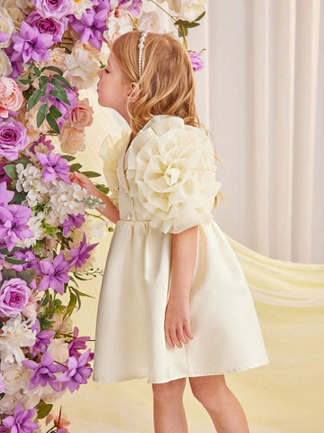 Young Girl's Woven Solid Color Double-Breasted A-Line Dress With Turn-Down Collar For Summer