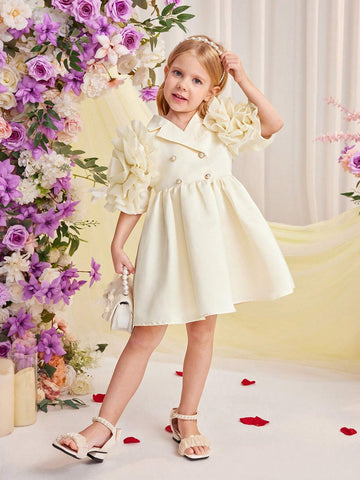 Young Girl's Woven Solid Color Double-Breasted A-Line Dress With Turn-Down Collar For Summer