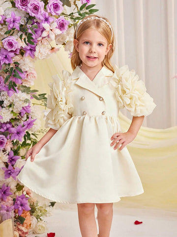 Young Girl's Woven Solid Color Double-Breasted A-Line Dress With Turn-Down Collar For Summer