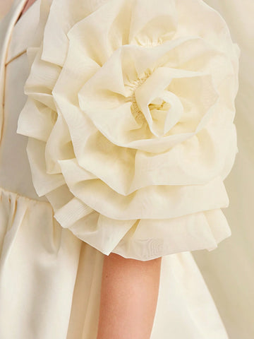 Young Girl's Woven Solid Color Double-Breasted A-Line Dress With Turn-Down Collar For Summer