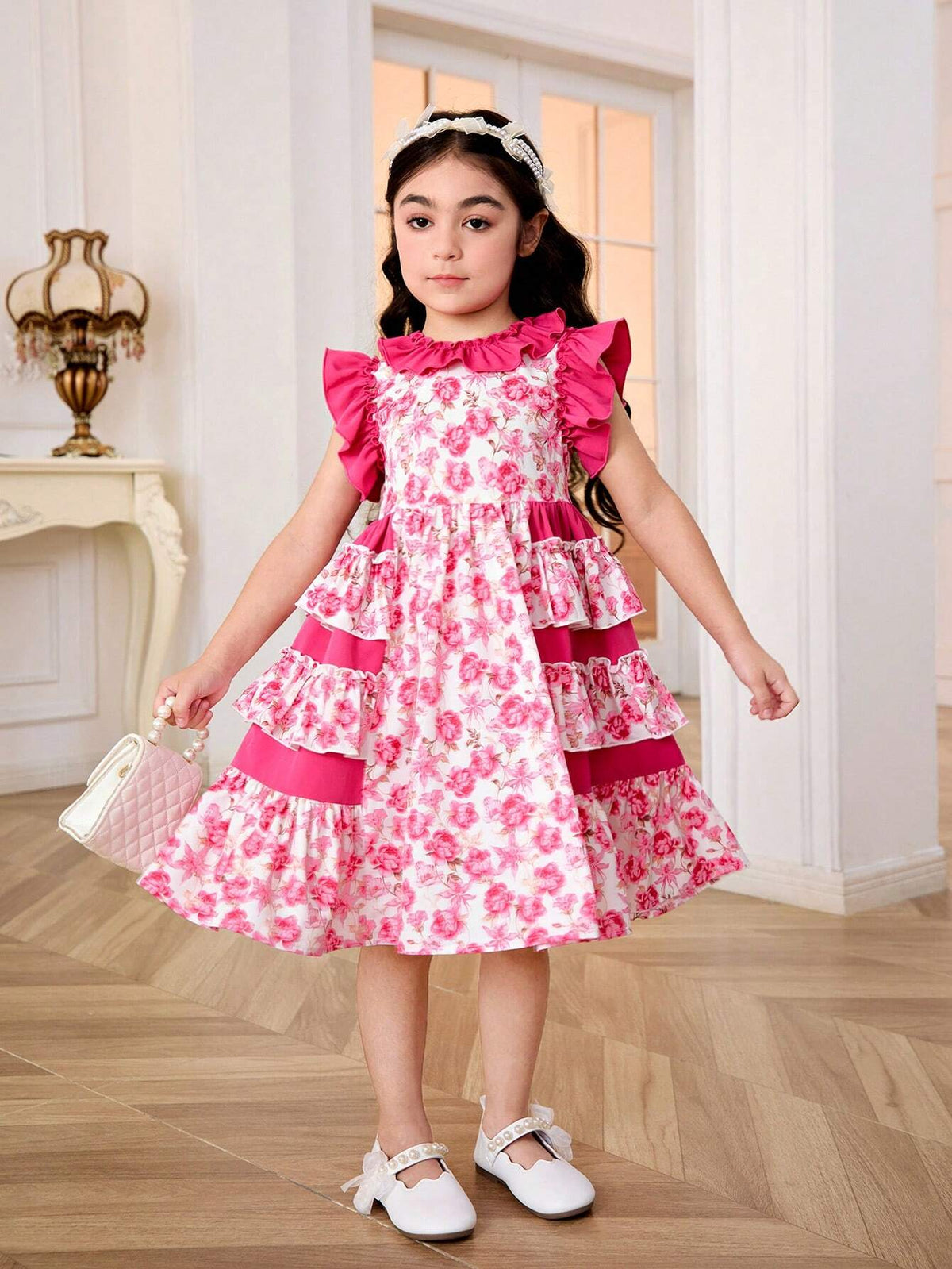 Young Girl's Woven Solid Color Dress With Ruffle Trim And Ditsy Floral, Loose Fit And Casual