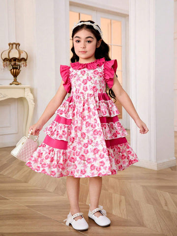 Young Girl's Woven Solid Color Dress With Ruffle Trim And Ditsy Floral, Loose Fit And Casual