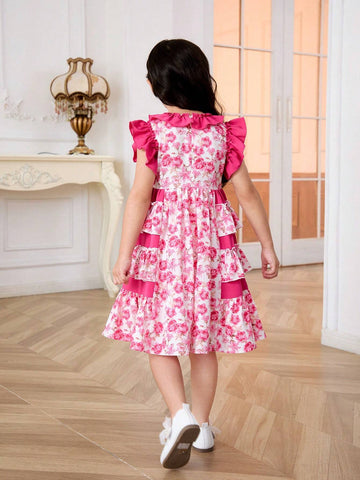 Young Girl's Woven Solid Color Dress With Ruffle Trim And Ditsy Floral, Loose Fit And Casual