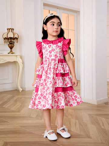 Young Girl's Woven Solid Color Dress With Ruffle Trim And Ditsy Floral, Loose Fit And Casual