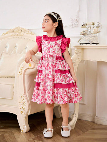 Young Girl's Woven Solid Color Dress With Ruffle Trim And Ditsy Floral, Loose Fit And Casual