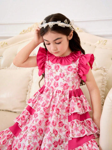 Young Girl's Woven Solid Color Dress With Ruffle Trim And Ditsy Floral, Loose Fit And Casual
