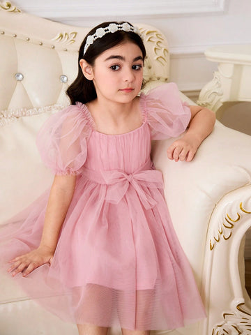 Young Girl's Woven Solid Color Elegant Mesh Ruffle Bubble Sleeve Belted Dress