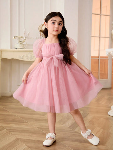 Young Girl's Woven Solid Color Elegant Mesh Ruffle Bubble Sleeve Belted Dress