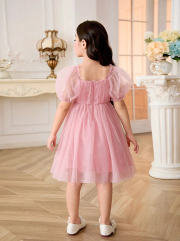 Young Girl's Woven Solid Color Elegant Mesh Ruffle Bubble Sleeve Belted Dress