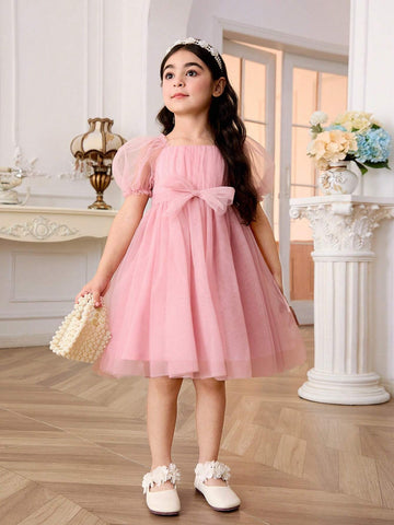 Young Girl's Woven Solid Color Elegant Mesh Ruffle Bubble Sleeve Belted Dress