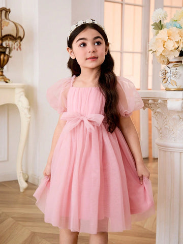 Young Girl's Woven Solid Color Elegant Mesh Ruffle Bubble Sleeve Belted Dress