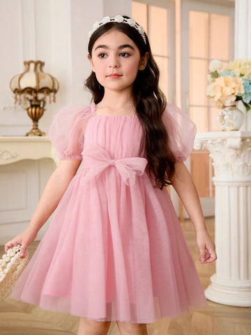 Young Girl's Woven Solid Color Elegant Mesh Ruffle Bubble Sleeve Belted Dress