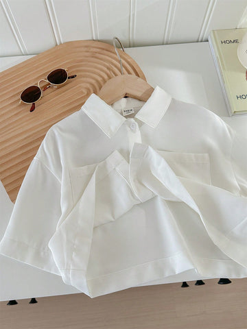 Young Girl's Woven Solid Color Loose Fit Short Casual Shirt