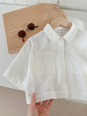 Young Girl's Woven Solid Color Loose Fit Short Casual Shirt