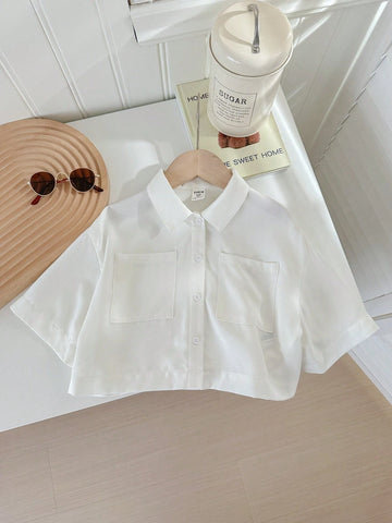 Young Girl's Woven Solid Color Loose Fit Short Casual Shirt
