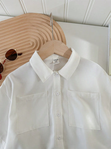 Young Girl's Woven Solid Color Loose Fit Short Casual Shirt