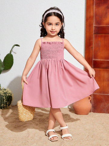 Young Girls' Woven Solid Color Pleated Sleeveless Spaghetti Strap Casual Dress