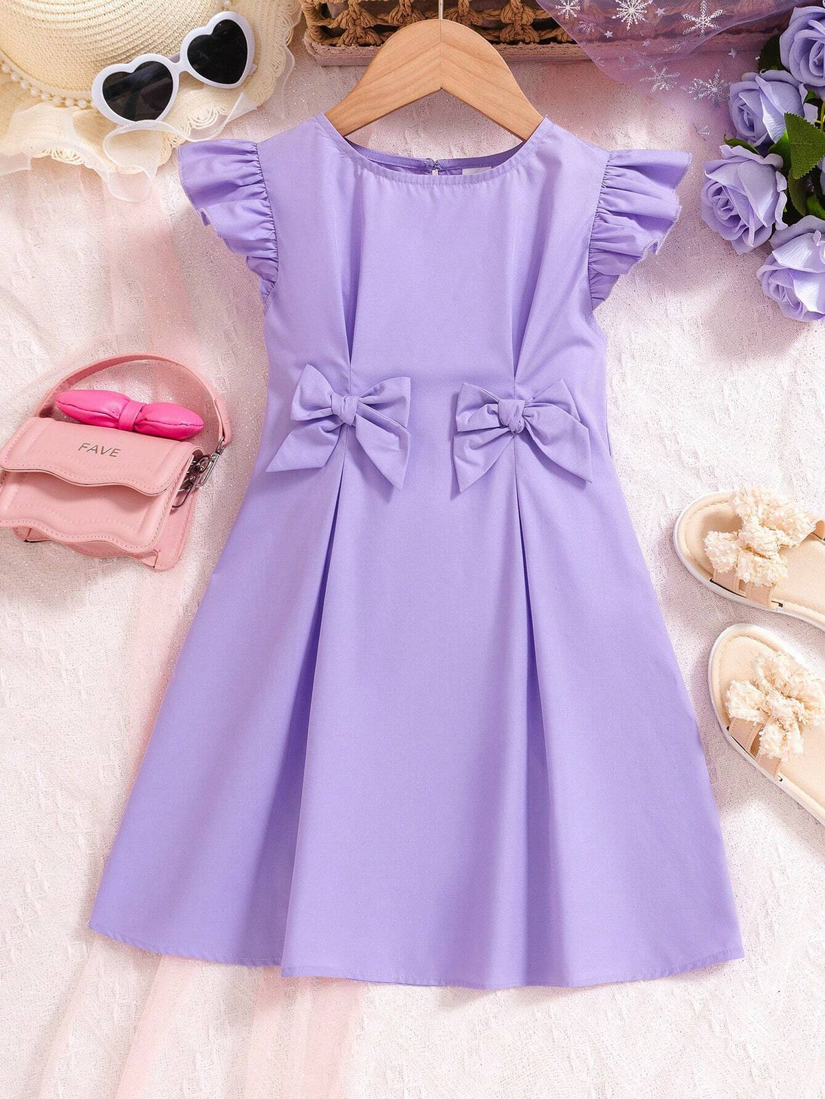 Young Girl's Woven Solid Color Round Neck Cap Sleeve Casual Dress