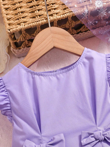 Young Girl's Woven Solid Color Round Neck Cap Sleeve Casual Dress