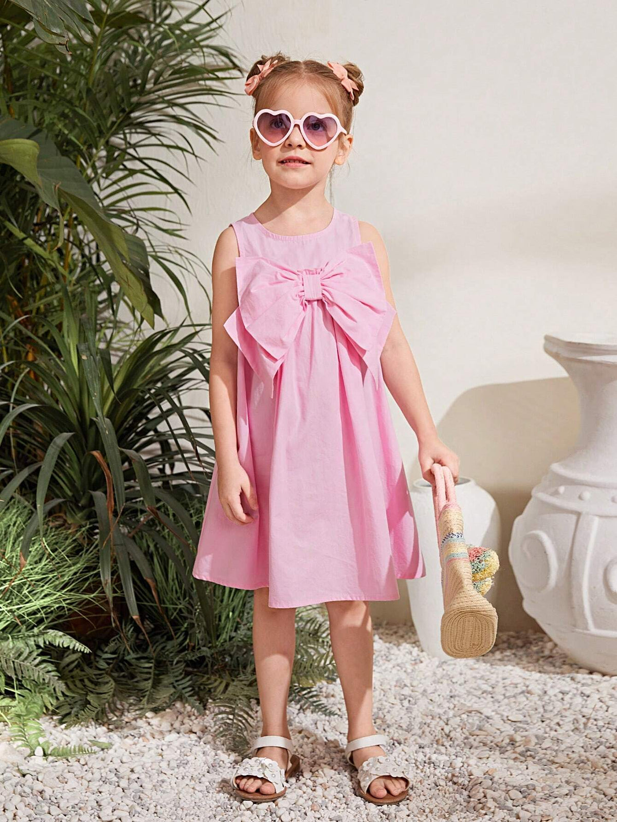 Young Girl's Woven Solid Color Round Neck Loose Sleeveless Dress With Big Bow