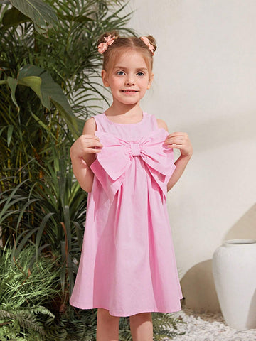 Young Girl's Woven Solid Color Round Neck Loose Sleeveless Dress With Big Bow