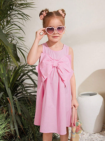Young Girl's Woven Solid Color Round Neck Loose Sleeveless Dress With Big Bow