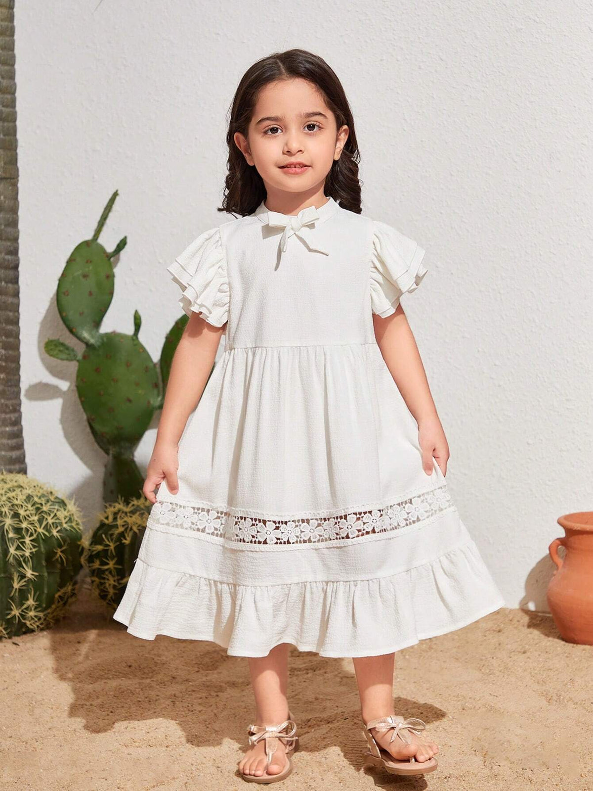 Young Girls' Woven Solid Color Round Neck Ruffle Sleeve Loose Casual Dress