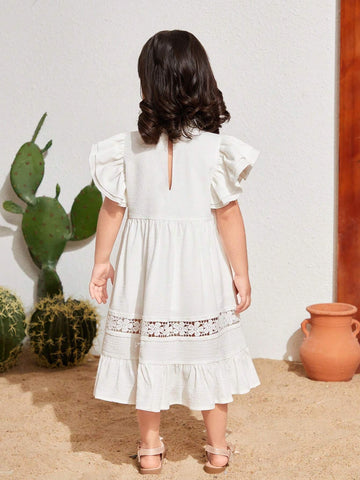 Young Girls' Woven Solid Color Round Neck Ruffle Sleeve Loose Casual Dress