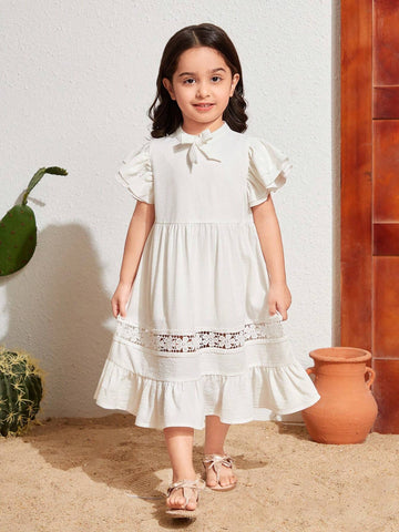Young Girls' Woven Solid Color Round Neck Ruffle Sleeve Loose Casual Dress