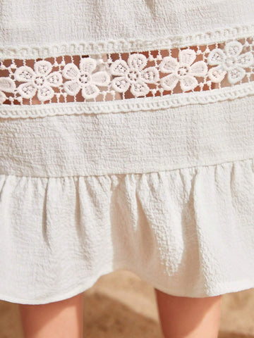 Young Girls' Woven Solid Color Round Neck Ruffle Sleeve Loose Casual Dress