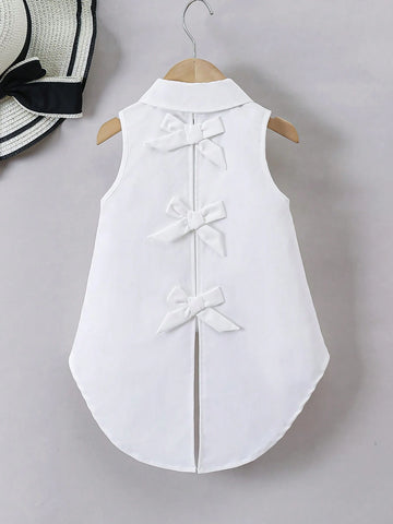 Young Girl's Woven Solid Color Sleeveless Shirt With Turn-Down Collar And Loose Fit Bow Tie, Casual