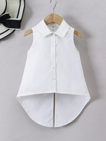 Young Girl's Woven Solid Color Sleeveless Shirt With Turn-Down Collar And Loose Fit Bow Tie, Casual