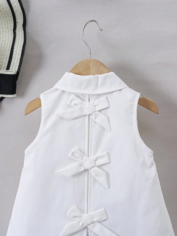 Young Girl's Woven Solid Color Sleeveless Shirt With Turn-Down Collar And Loose Fit Bow Tie, Casual