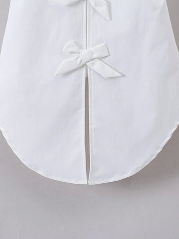 Young Girl's Woven Solid Color Sleeveless Shirt With Turn-Down Collar And Loose Fit Bow Tie, Casual