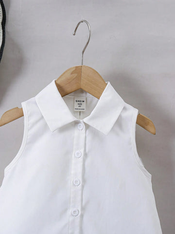 Young Girl's Woven Solid Color Sleeveless Shirt With Turn-Down Collar And Loose Fit Bow Tie, Casual