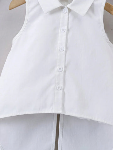 Young Girl's Woven Solid Color Sleeveless Shirt With Turn-Down Collar And Loose Fit Bow Tie, Casual