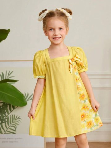 Young Girl's Woven Solid Color Square Neck Puff Sleeve Splicing Floral Loose Casual Dress