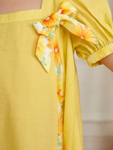Young Girl's Woven Solid Color Square Neck Puff Sleeve Splicing Floral Loose Casual Dress