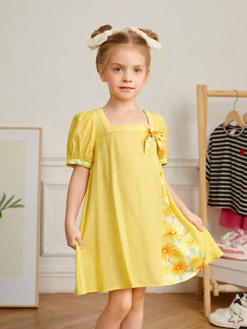 Young Girl's Woven Solid Color Square Neck Puff Sleeve Splicing Floral Loose Casual Dress