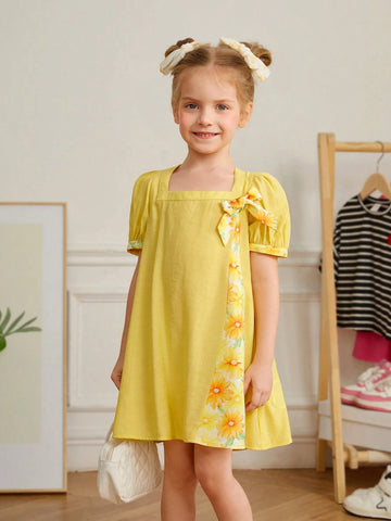 Young Girl's Woven Solid Color Square Neck Puff Sleeve Splicing Floral Loose Casual Dress