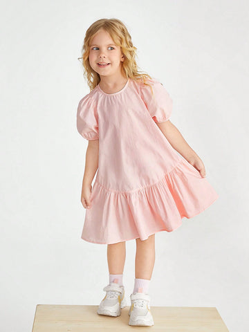 Young Girl's Woven Solid Color Sweet Casual Puff Sleeve Dress With Round Neck