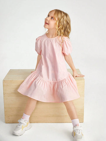Young Girl's Woven Solid Color Sweet Casual Puff Sleeve Dress With Round Neck