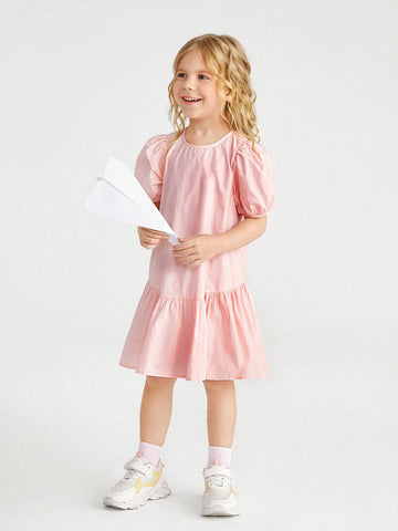 Young Girl's Woven Solid Color Sweet Casual Puff Sleeve Dress With Round Neck