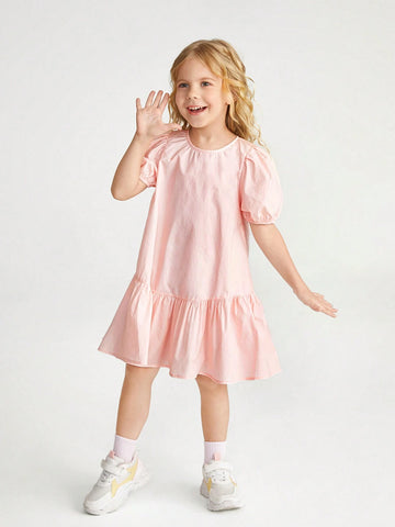 Young Girl's Woven Solid Color Sweet Casual Puff Sleeve Dress With Round Neck