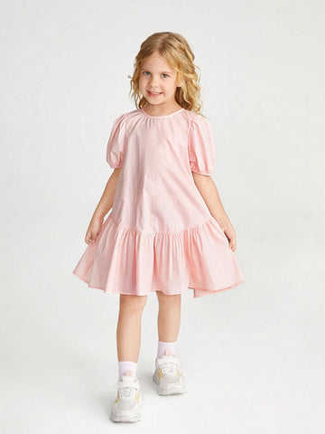 Young Girl's Woven Solid Color Sweet Casual Puff Sleeve Dress With Round Neck